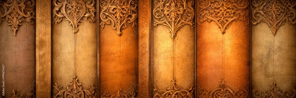 Poster a close-up view wooden panel with intricate carvings and patterns, arranged in a vertical line