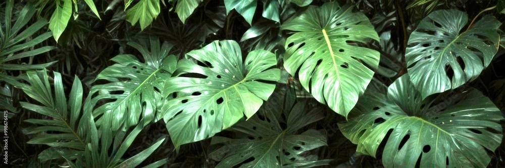 Aufkleber a dense, dark background with large, green leaves with holes in the center, creating a sense of dept