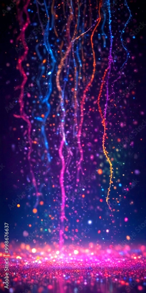 Poster a vibrant, abstract scene of colorful, flowing lines and particles against a dark background, creati