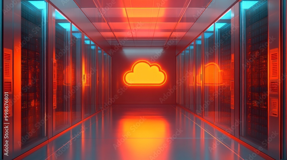 Sticker a cloud computing data center with glowing cloud logo in the middle of a hallway.