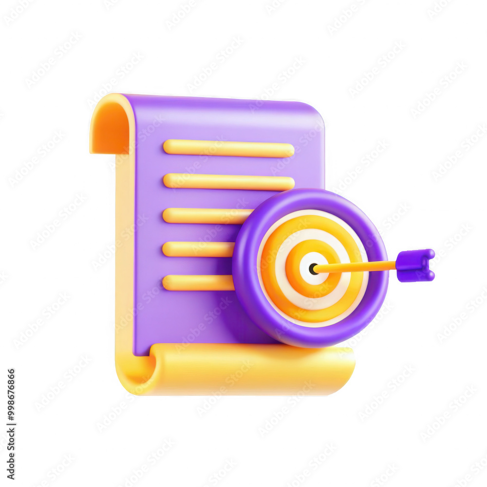 Poster a colorful 3d icon depicting a parchment-like sheet with horizontal lines and a target with an arrow