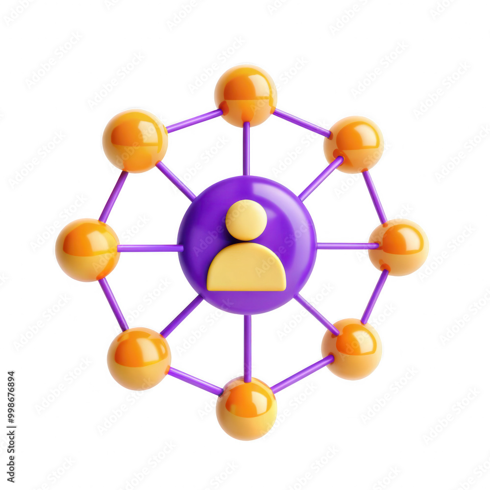 Aufkleber A 3D model illustrating a networking concept with colorful nodes and a central user icon. Modern design suitable for digital themes.