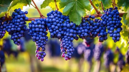 Close up of ripe red grapes hanging from a vine.