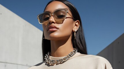 Trendy fashion statement necklace with edgy sunglasses for modern styling