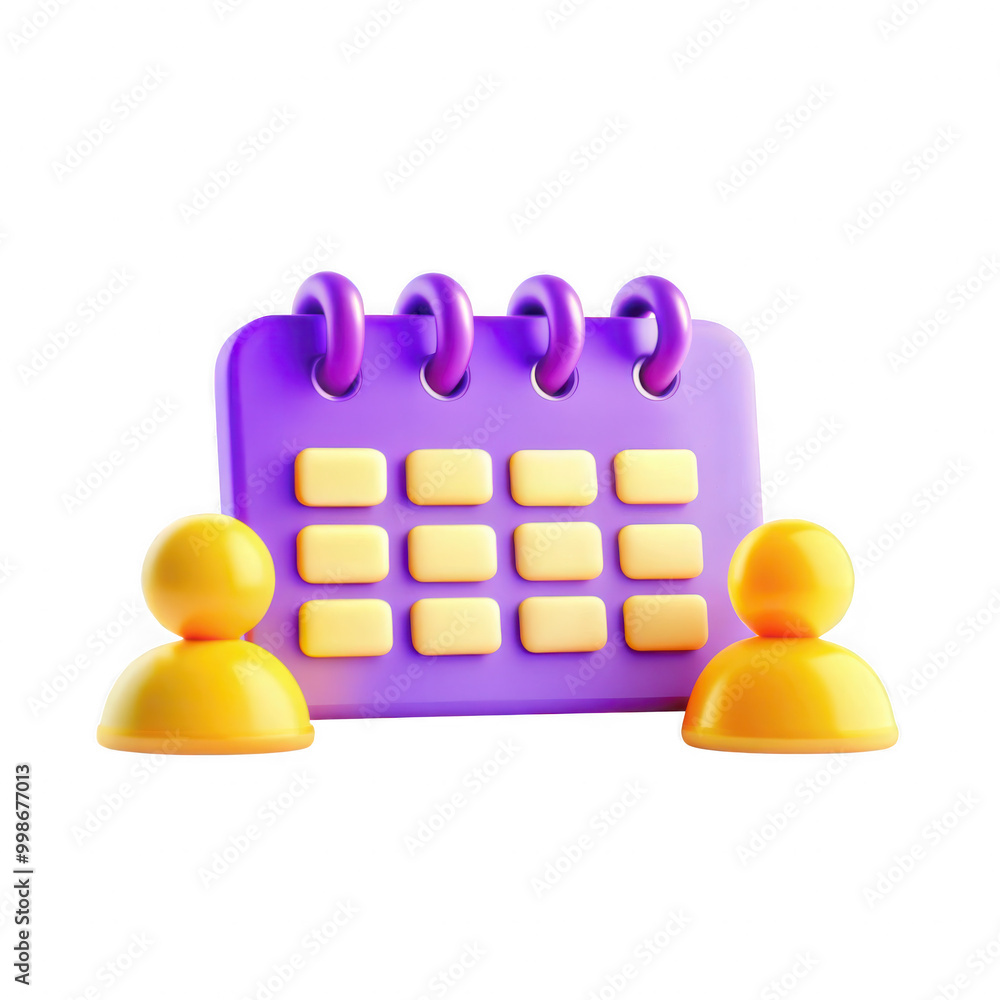 Poster a colorful 3d representation of a calendar with two playful figures on each side, ready to schedule 