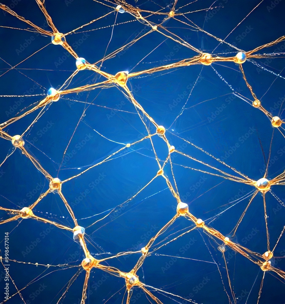 Leinwandbilder a complex network of interconnected golden spheres, resembling a web or a network of interconnected nodes, set against a dark blue background