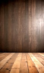 Naklejka premium A dark wooden wall with vertical planks and a wooden floor in the foreground