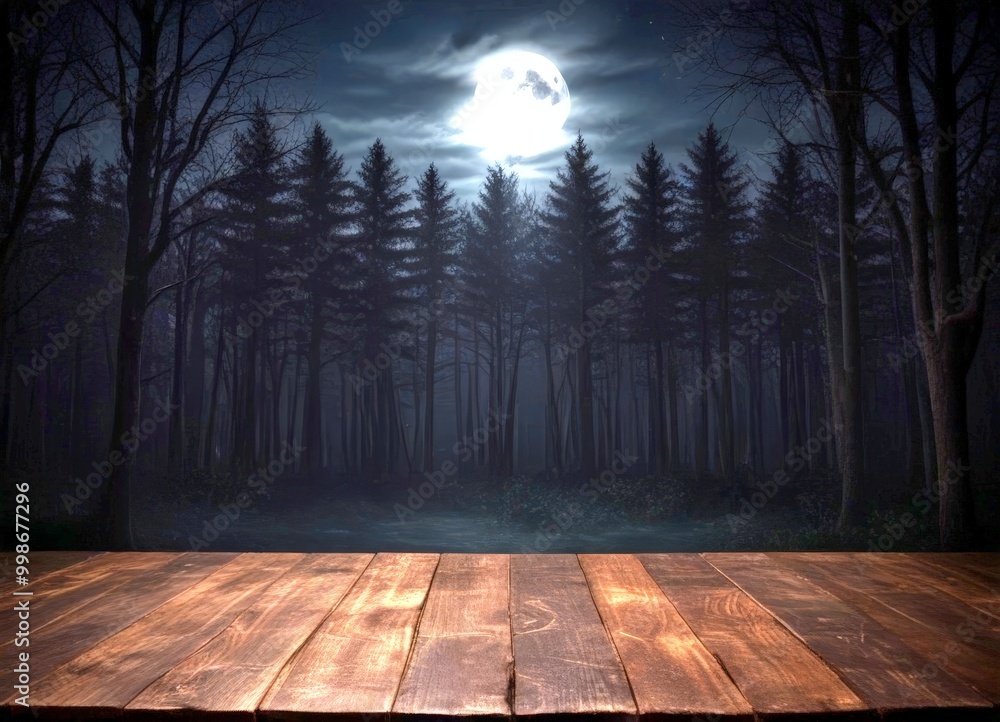 Poster a full moon shines brightly over a dark forest, casting an ethereal glow on the silhouetted trees an
