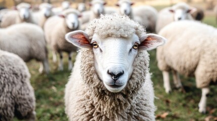 Fototapeta premium Close-up of a sheep with soft white fur looking directly at the camera, surrounded by other sheep in a blurred background.