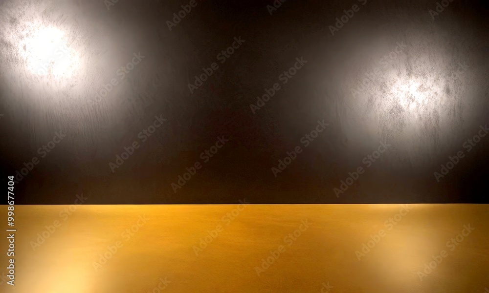 Poster a dark, textured wall with two spotlights positioned on either side, casting a stark contrast against the wall The wall is devoid of any objects or text,
