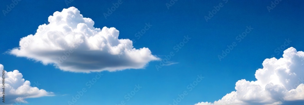 Poster a clear blue sky with fluffy white clouds, including a large cloud in the center and two smaller clo