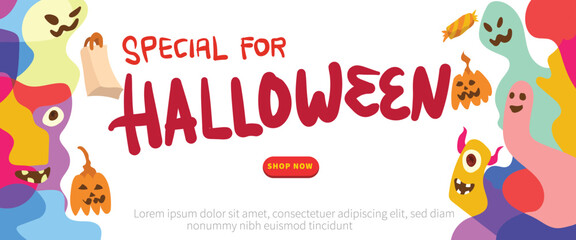Horror Monsters concept. abstract geometric liquid form. monster halloween with hand drawn banner template vector illustration.