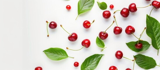 Naklejka premium Group Of Sweet Cherries With Green Leaves On A White Background Isolated The View From Top