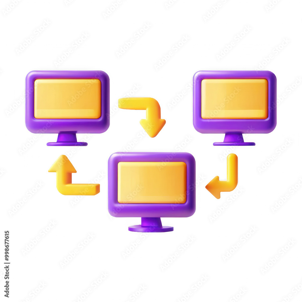 Poster this image depicts a colorful 3d illustration of computer monitors with arrows showing data flow bet