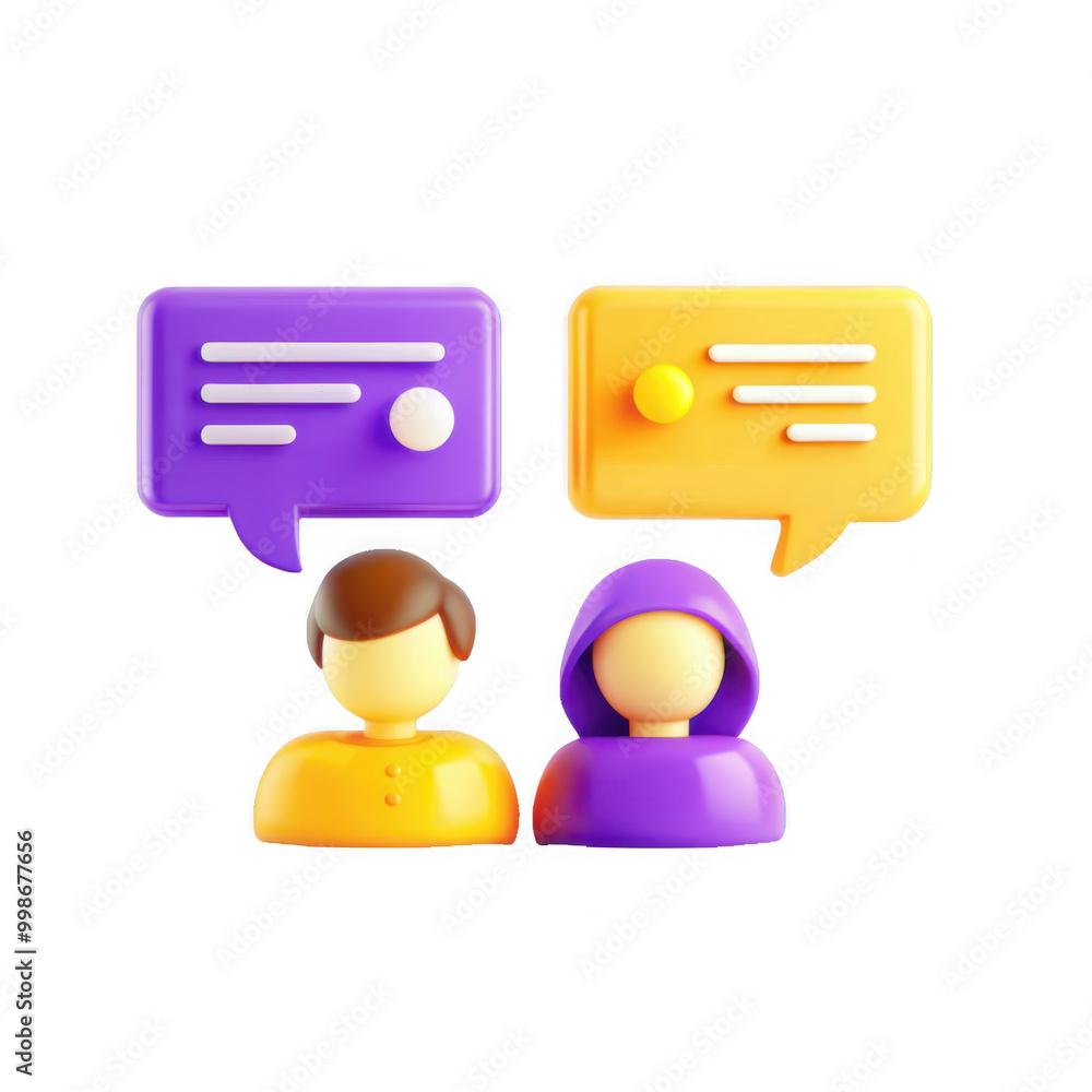 Poster a 3d model depicting two colorful characters engaged in conversation, represented with speech bubble
