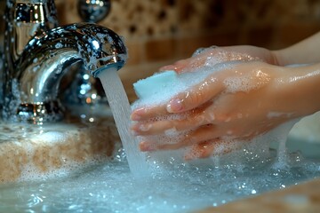 Fototapeta premium Washing Hands with Soap and Water in a Sink