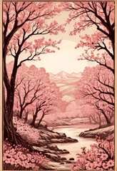 A serene landscape with a river flowing through a grove of cherry blossom trees, set against a backdrop of majestic mountains under a clear sky