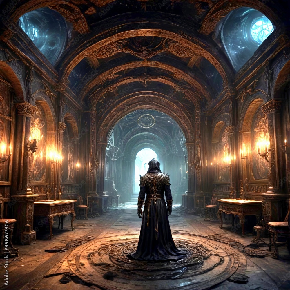 Poster a dimly lit, ornate hallway with a figure standing in the center, surrounded by intricate architectu