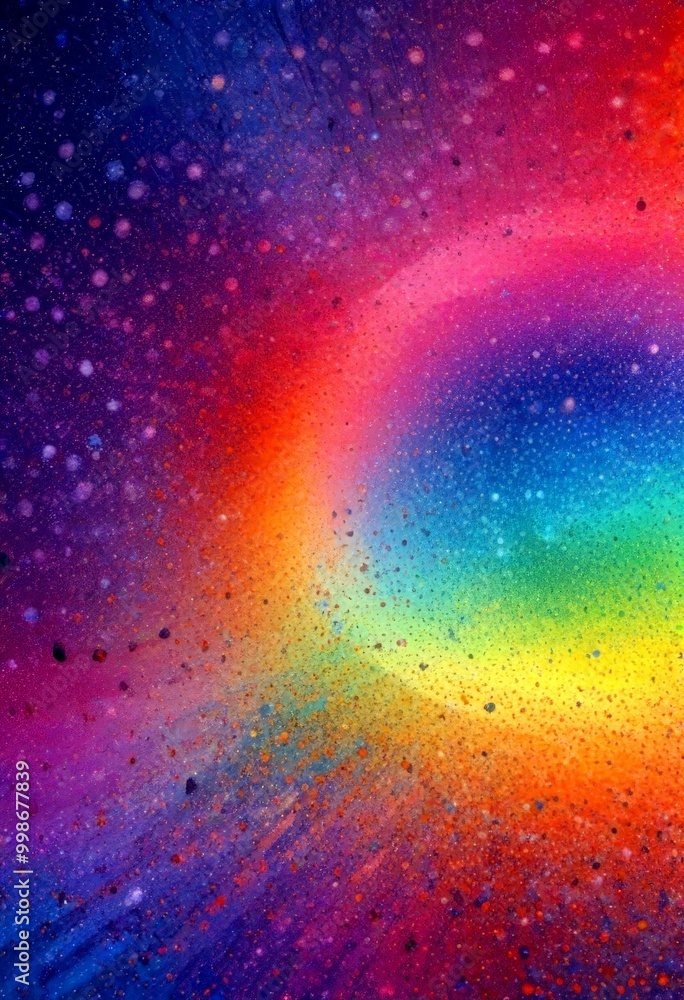 Poster a vibrant abstract painting featuring a rainbow-like gradient of colors, with a central circular shape and a multitude of smaller dots scattered throughout,