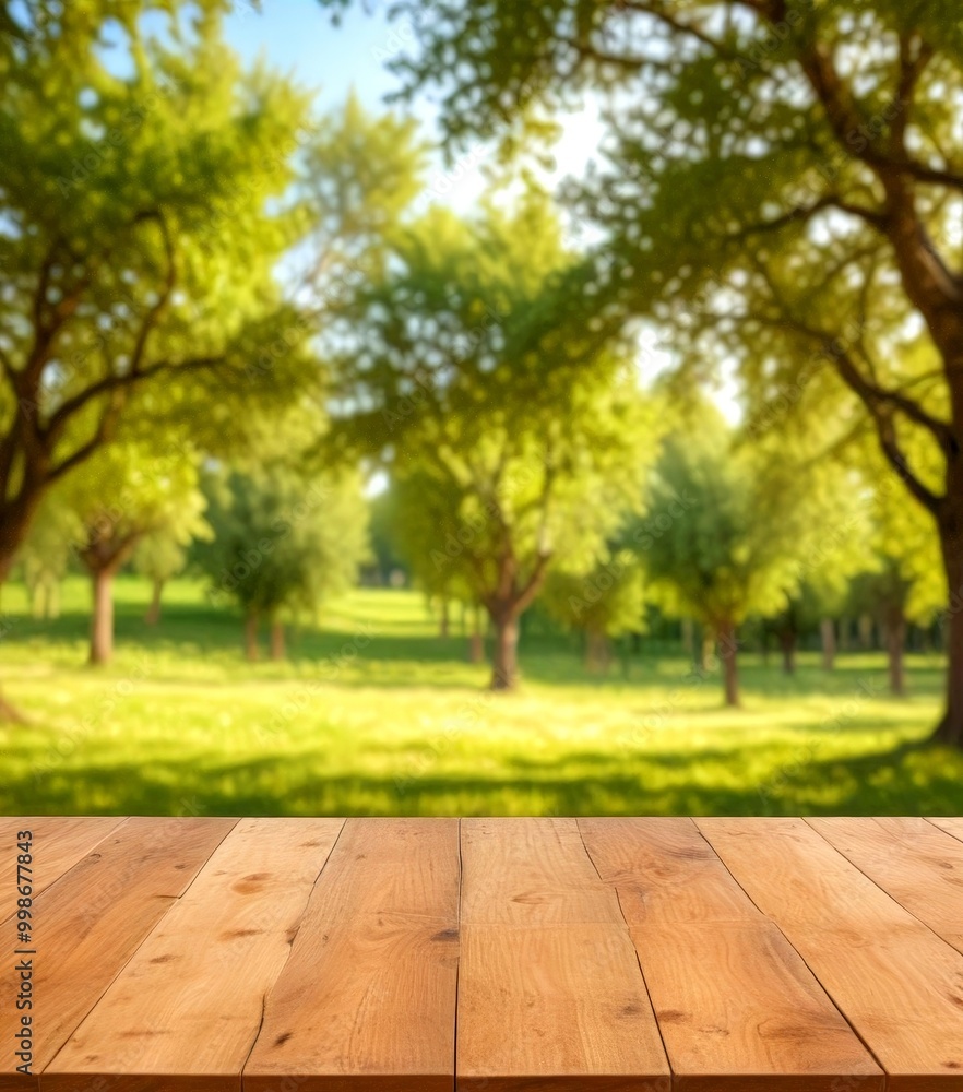 Aufkleber a wooden table in the foreground with a blurred background park with trees and grass