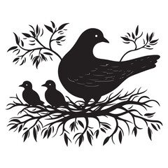 Elegant Bird with Baby Chicks in Nest Silhouette Vector Illustration, Mother bird feeding babies vector line art