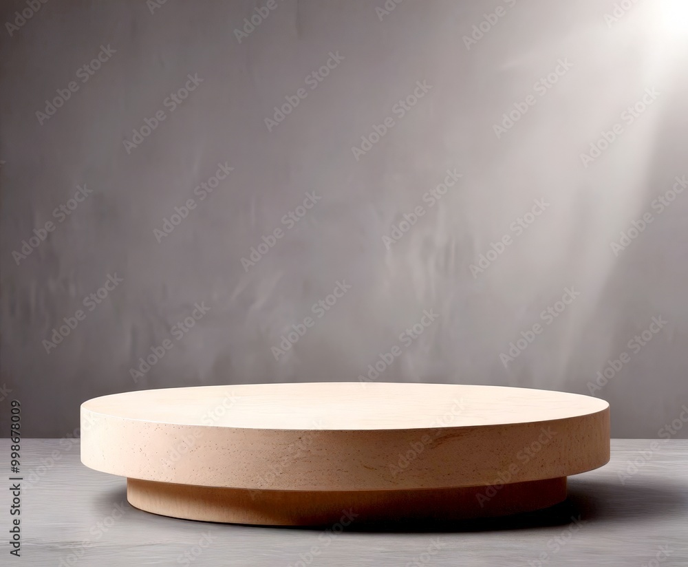 Poster a minimalist white pedestal with a round base and a flat top sits against a gray wall, bathed in sof
