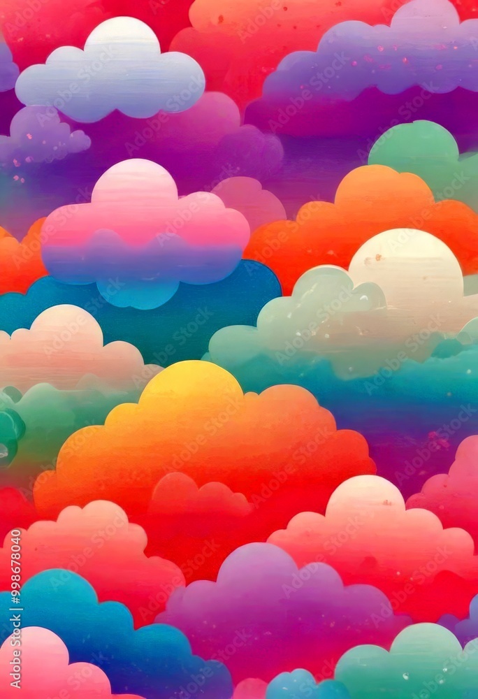 Poster a pastel-colored sky filled with fluffy clouds, creating a dreamy and whimsical atmosphere