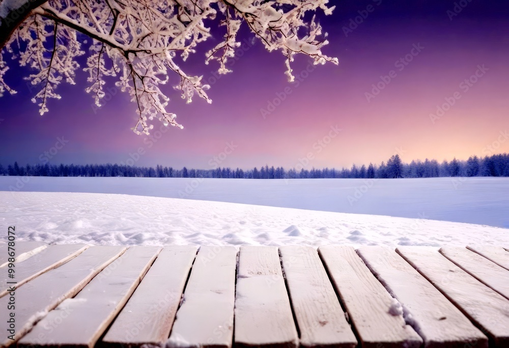 Poster a serene winter landscape features a snow-covered wooden deck with a tree branch in the foreground, 