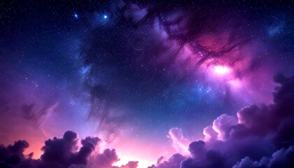 Obraz premium A breathtaking night sky filled with a multitude of stars, a vibrant galaxy, and a stunning display of clouds in shades of purple and pink, creating a captivating and