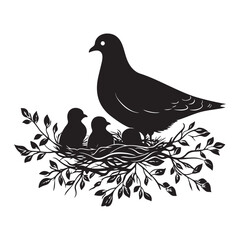 Elegant Bird with Baby Chicks in Nest Silhouette Vector Illustration, Mother bird feeding babies vector line art