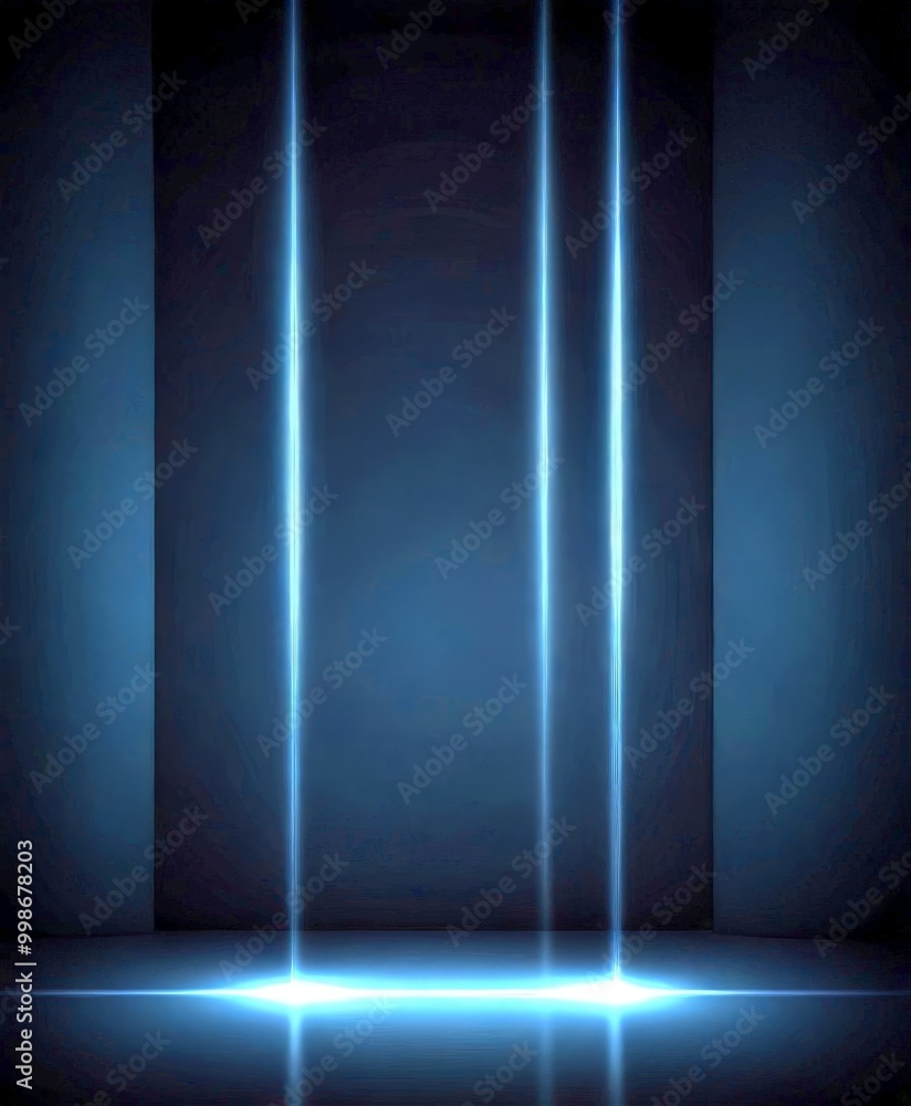 Aufkleber a dark room with three vertical blue lines of light shining down from the center, creating a strikin