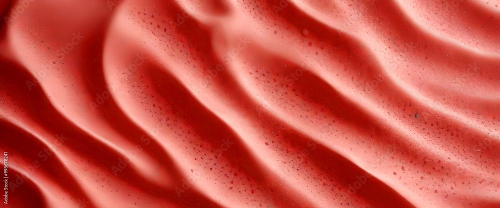 Poster a close-up view pinkish-red, wavy texture with small droplets of water on its surface, creating a visually appealing and textured effect