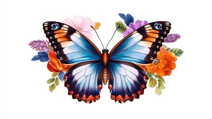 Colorful butterfly surrounded by vibrant flowers, isolated on white background.