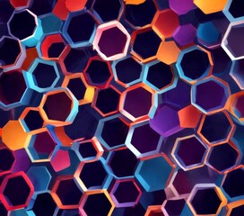 a vibrant and abstract pattern composed of numerous hexagonal shapes in a variety of colors, including shades of blue, orange, purple, and pink The overlapping and