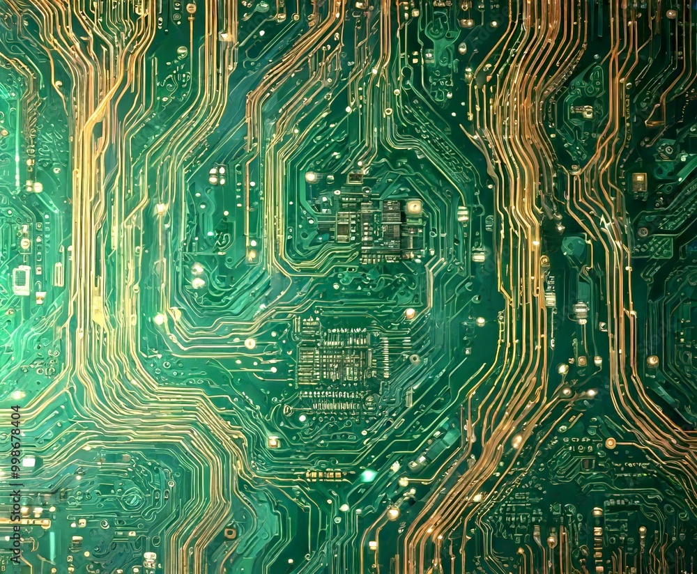 Poster a detailed view green circuit board with intricate gold and black lines and patterns, creating a complex and visually striking pattern