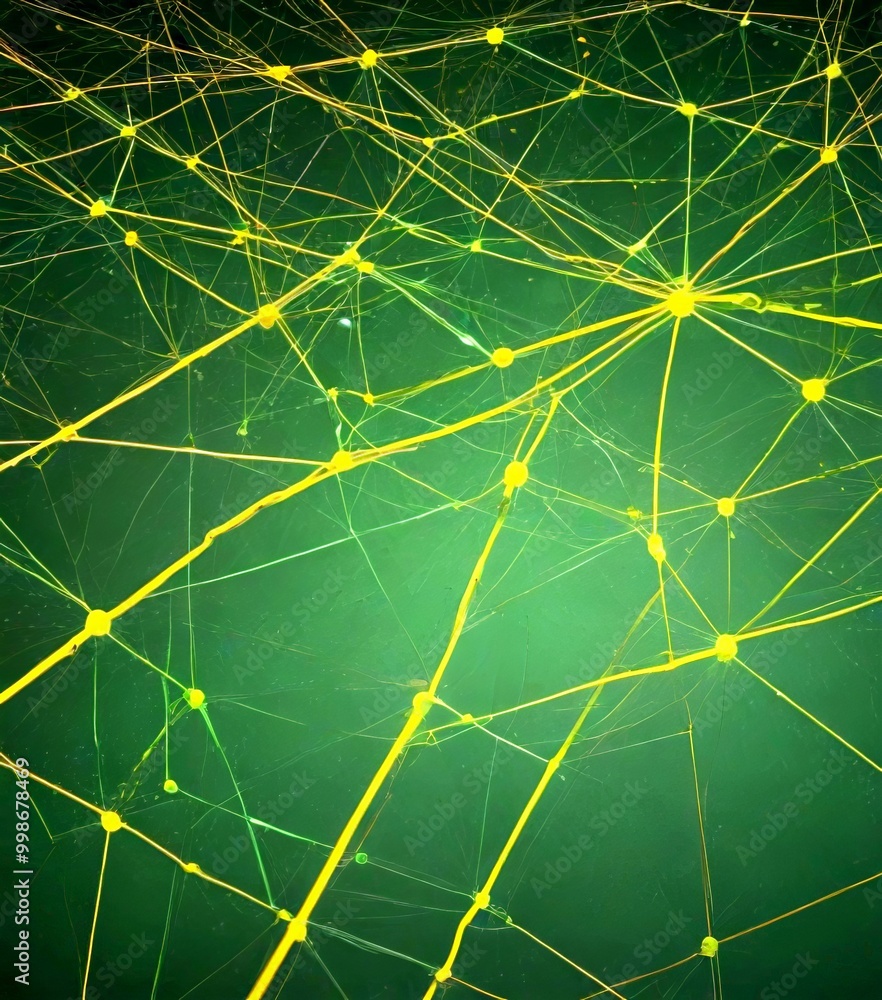 Aufkleber a complex network of interconnected yellow lines and dots, creating a visually striking abstract pattern against a dark green background