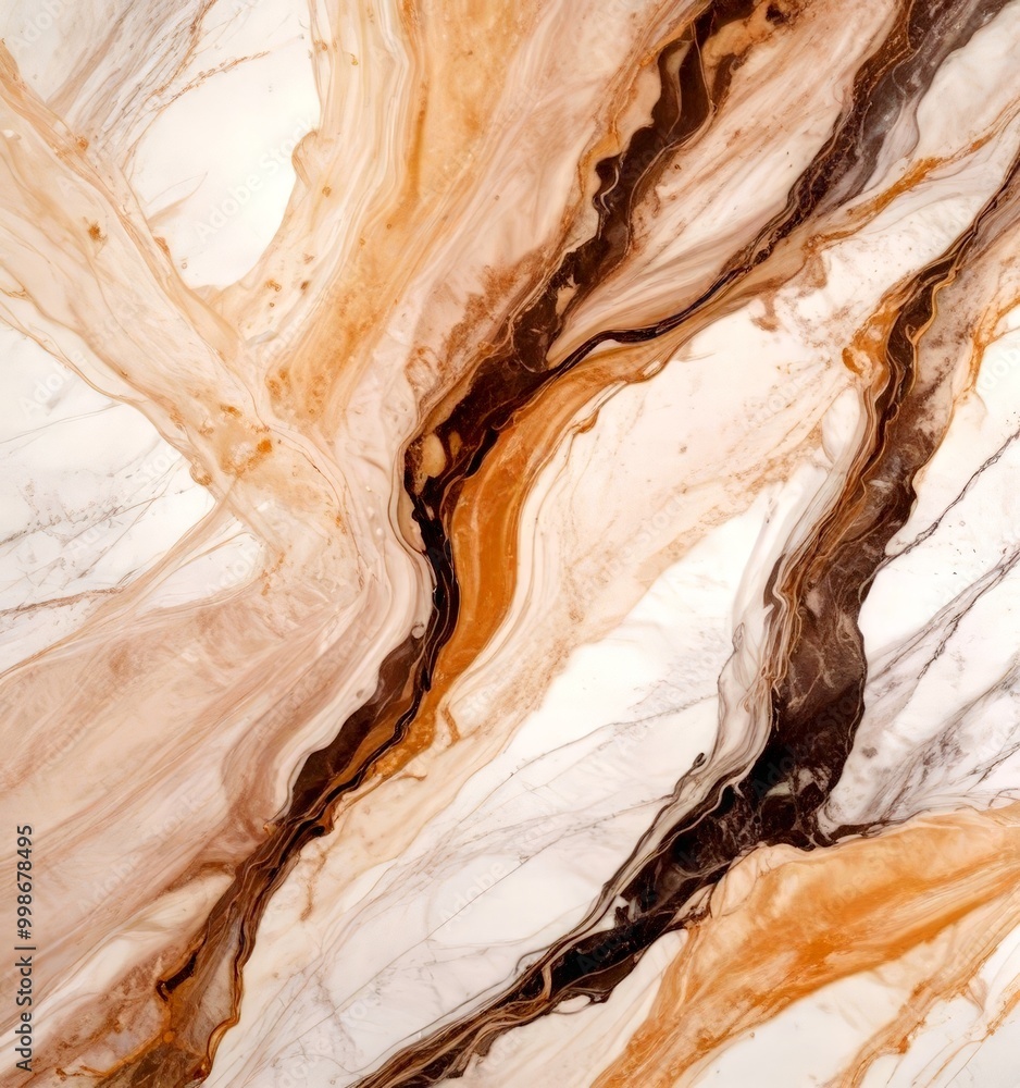 Poster a close-up view marble surface with a swirling pattern of light and dark brown hues, creating a sense of movement and depth