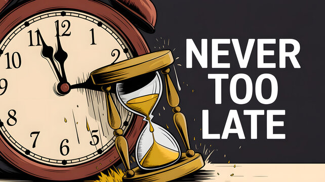 Illustration of a clock and hourglass with “Never too late” message