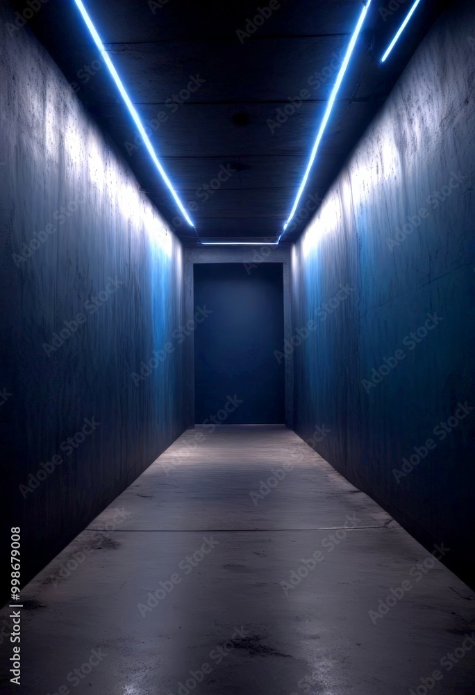 Poster A long, dimly lit corridor with a concrete floor and walls, featuring a single light source on the ceiling and a faint outline door in the distance