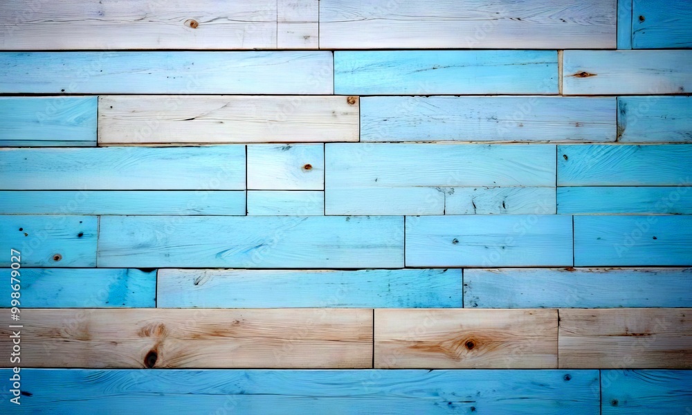 Aufkleber a close-up wooden wall composed of light blue and white planks arranged in a grid-like pattern