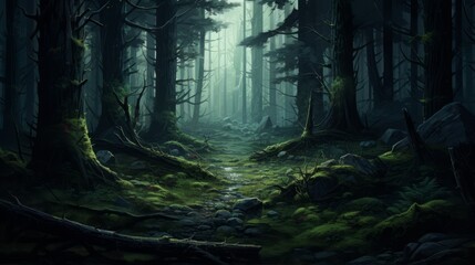 Dark and horrible night forest scenery. Neural network ai generated art