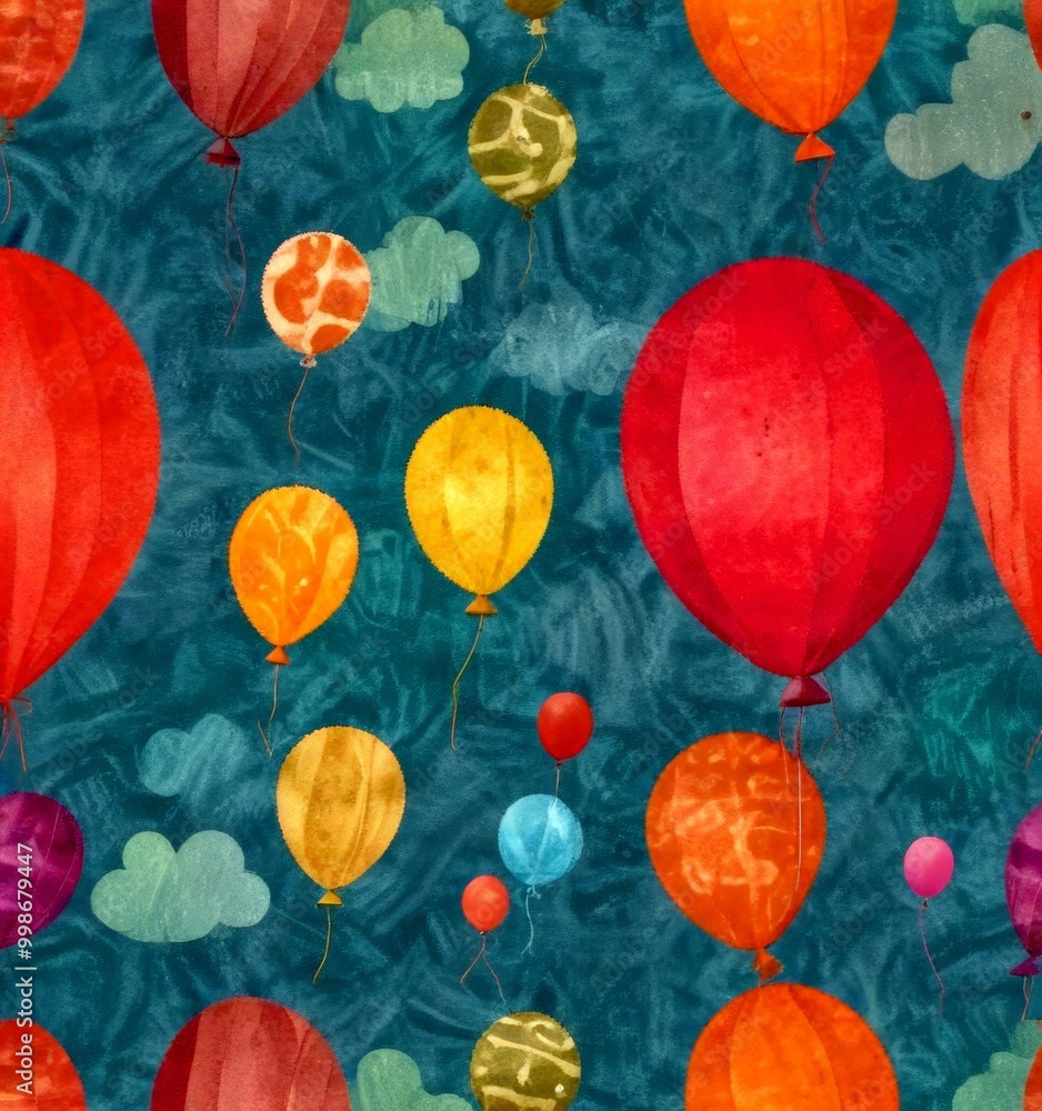 Poster a whimsical pattern of colorful balloons floating against a blue background, with clouds and a green