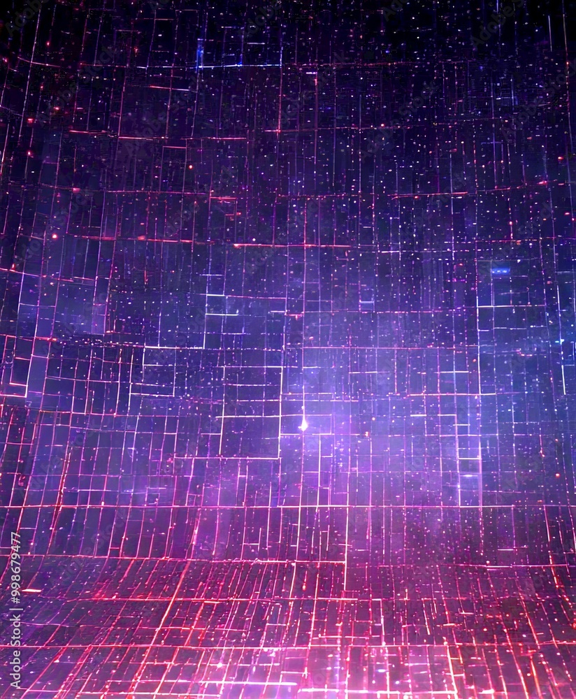 Poster a dark, abstract background with a grid-like pattern of red and blue lines, creating a sense of depth and dimensionality