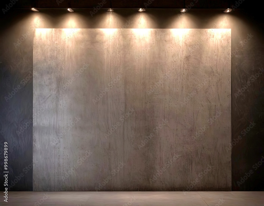 Poster A dark, empty room with a large, rectangular concrete wall as the focal point, illuminated by a series of spotlights arranged in a linear pattern above the wall