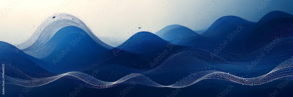 Poster a serene, abstract landscape with wavy lines and dots in shades of blue, creating a sense of movement and depth