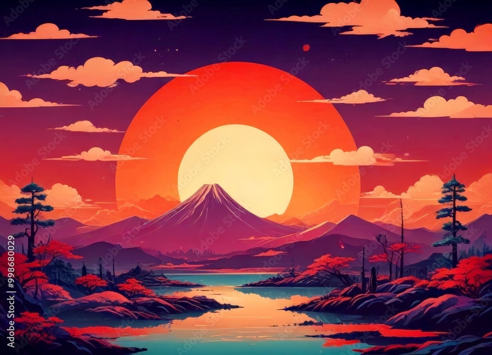 Aufkleber a serene landscape with a large sun setting over a mountain range, casting a warm glow across the sc
