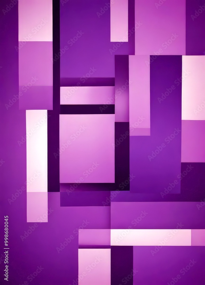 Poster a vibrant abstract composition of overlapping rectangular shapes in various shades of purple and pink, creating a dynamic and visually striking pattern