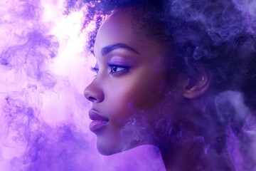 a young african american woman enveloped by swirling pink mist