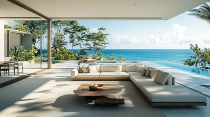 Fototapeta premium A beachfront villa patio lounge, designed with sleek, modern furnishings, opens up to breathtaking ocean views, offering an escape into coastal luxury