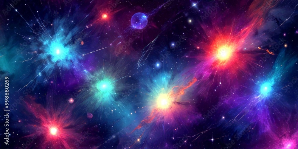 Poster a vibrant cosmic scene with a multitude of colorful nebulae and stars scattered across the dark expa